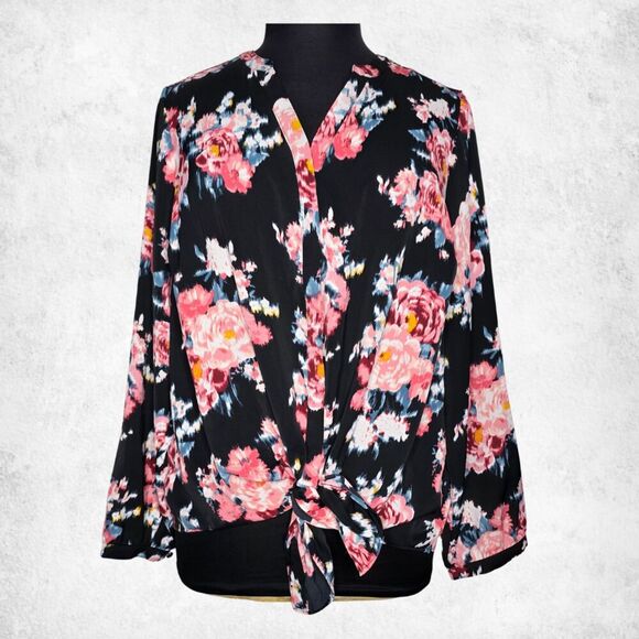Torrid Floral Blouse 3X – Black Pink Rose Print Top Plus Size Long Sleeve - Picture 1 of 6
